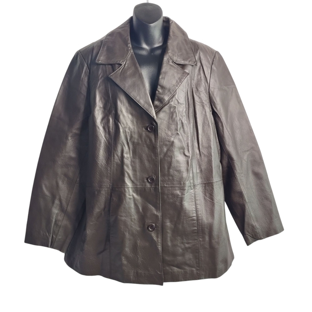 Dialogue Womens Leather Jacket Coat Taupe/Gray Collar Button-Up Lined Plus Sz 1X